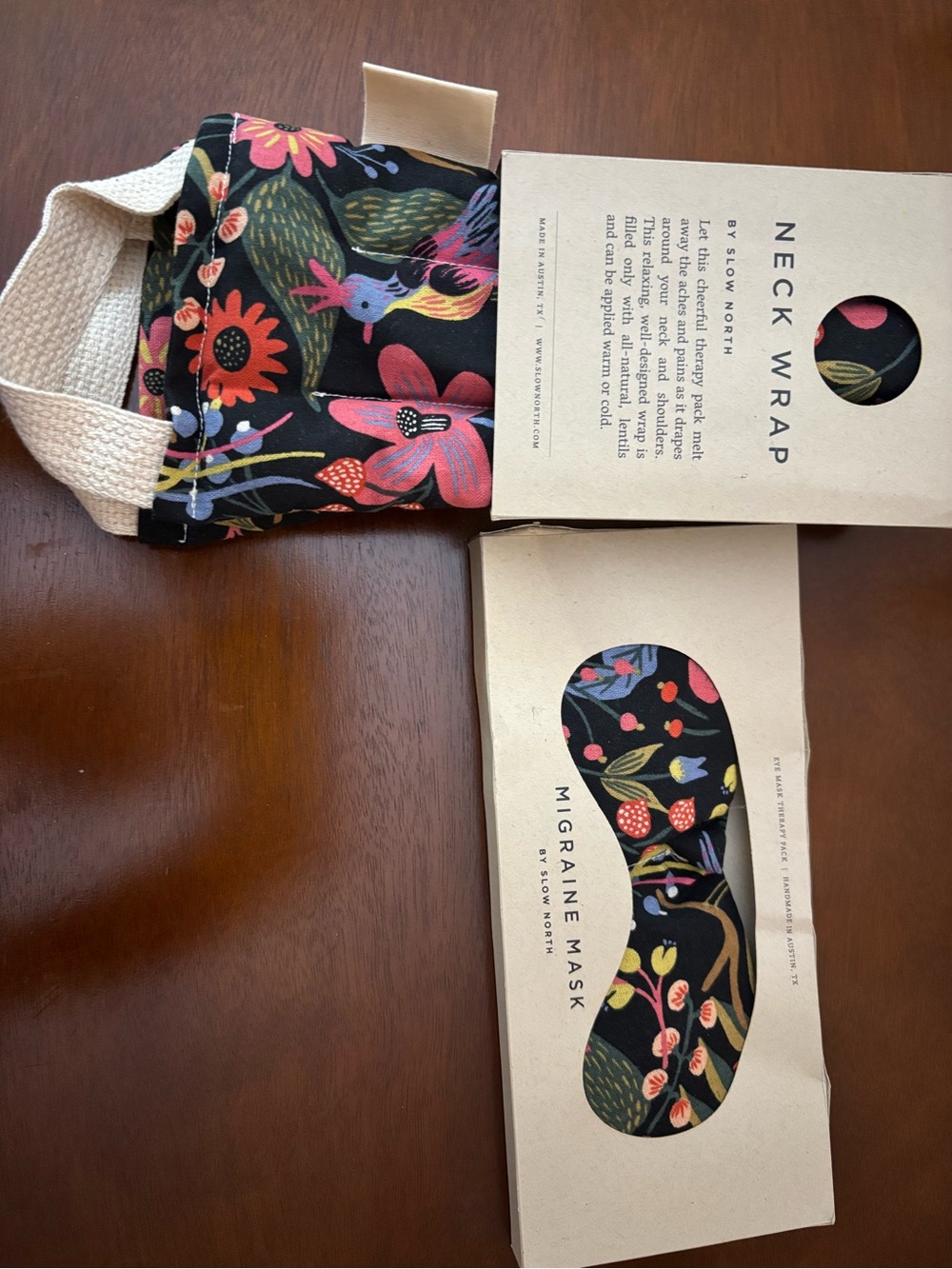 Slow North Floral Neck Wrap and Migraine Mask in Blac with Multicolor Botanicals
